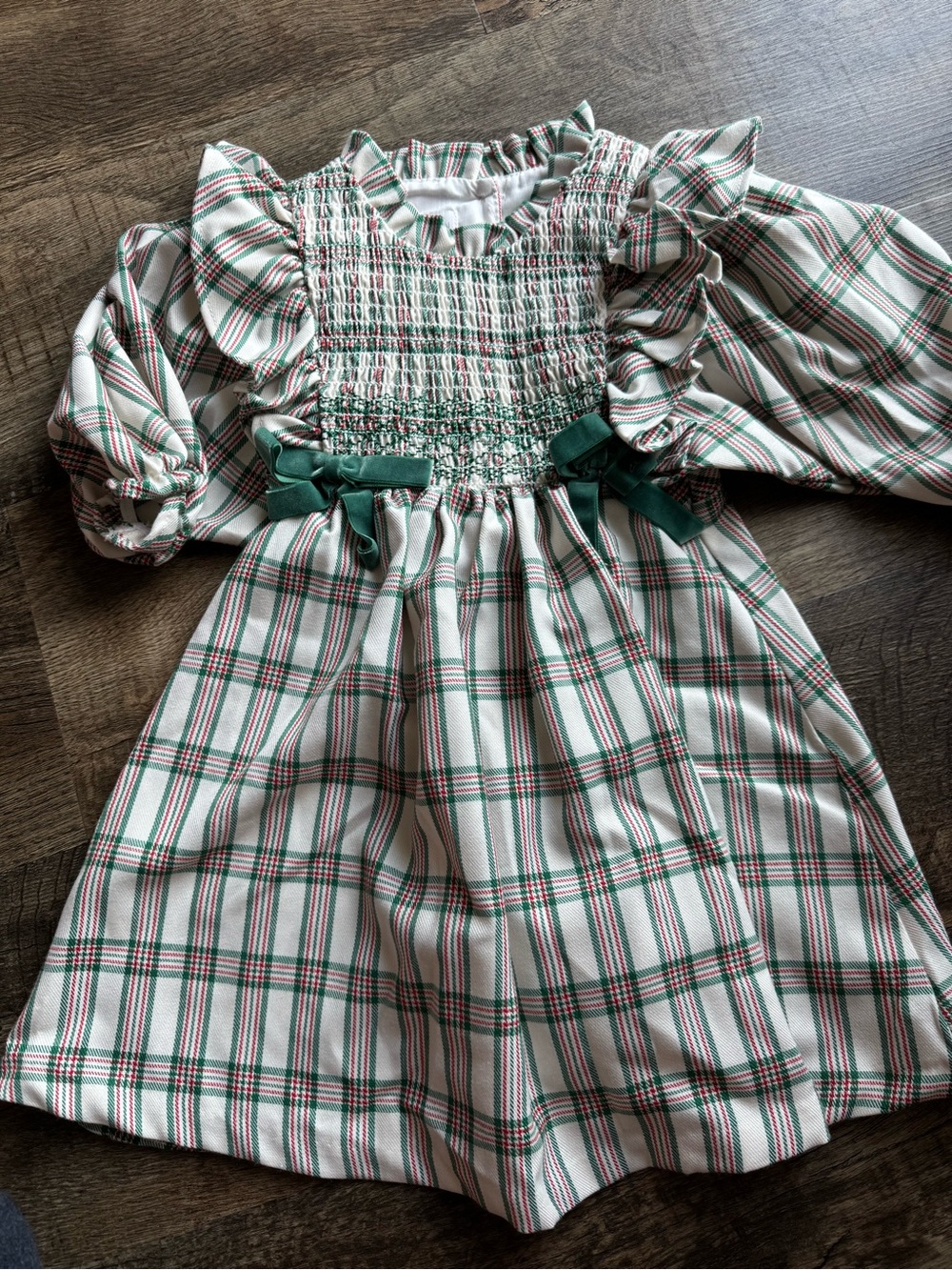 Bonnie Jean Green and White Plaid Smocked Holiday Dress